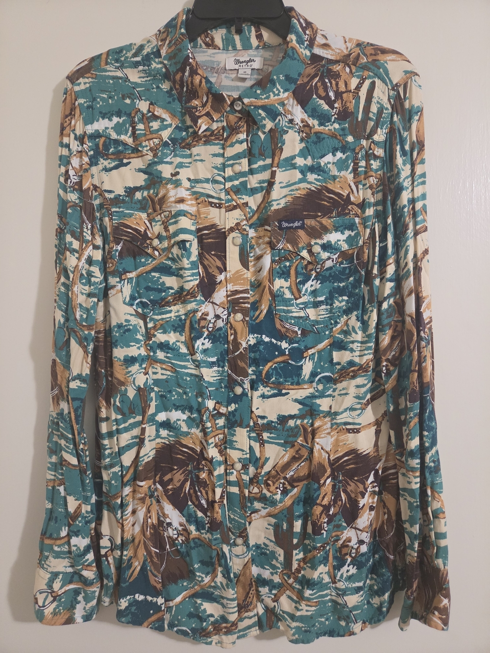Wrangler Retro Women Medium Western Shirt Horse Cactus Print Snap Button Down